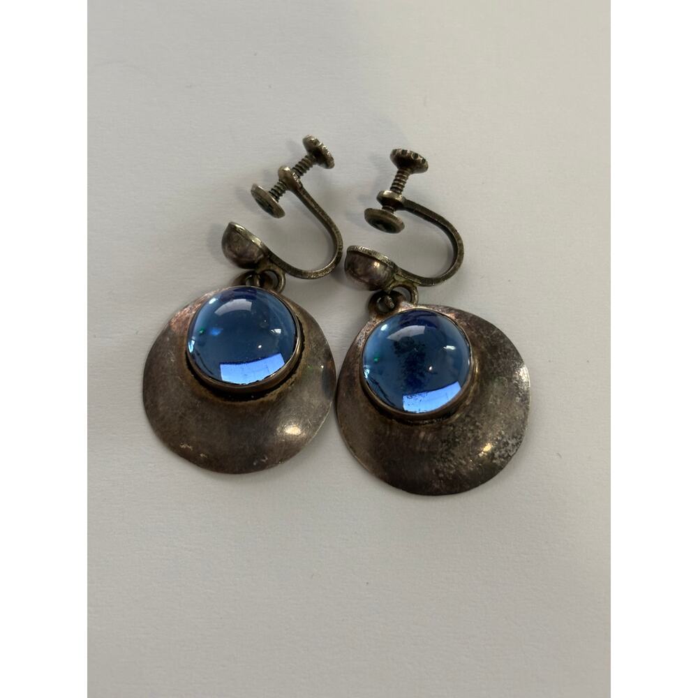 Vintage Los Ballesteros Taxco Mexico Sterling Silver Dangle Earrings Blue Glass - Picture 2 of 4